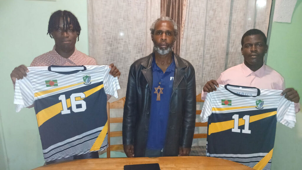 Middleham United FC new signings, Clayvin and Clayson Pascal, displaying their Middleham United FC jerseys with executive member Julien Alexander standing between them