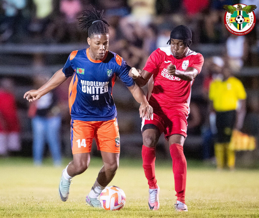 Middleham United FC player Jervon Matthew shielding the ball from a Bombers player