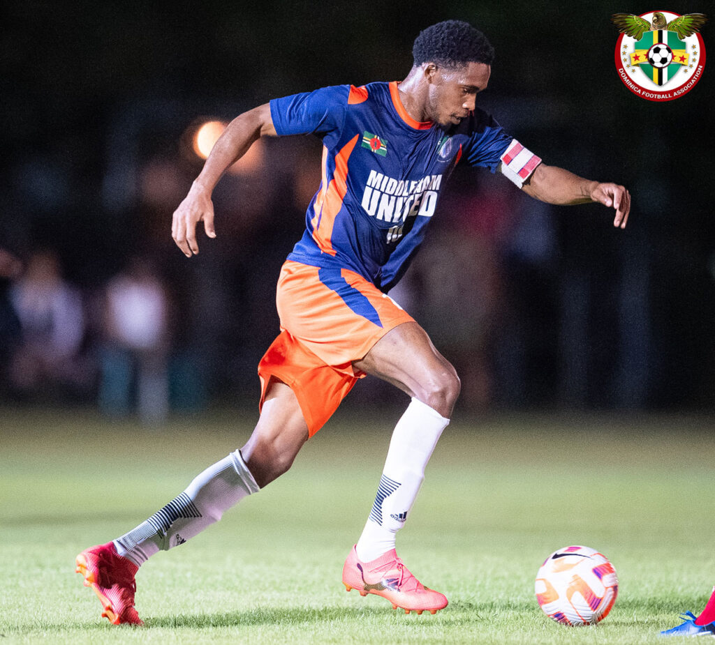 Middleham United FC player Marcellus Bonney running at the Portsmouth Bombers defense