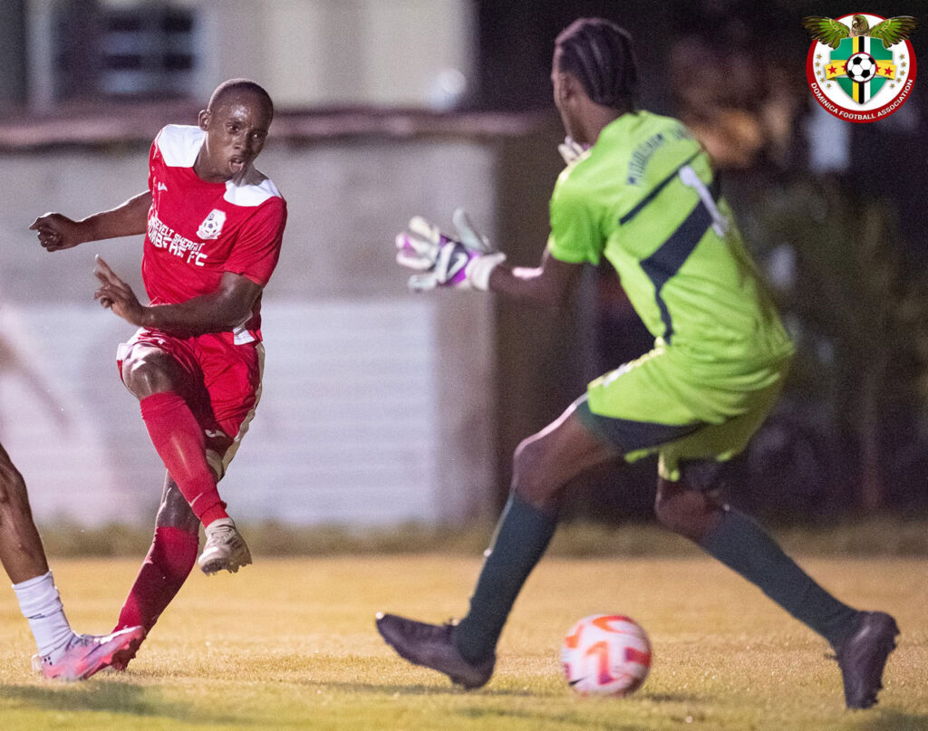 Middleham United FC goalkeeper Denzel Bedminister attempting to stop a shot on goal
