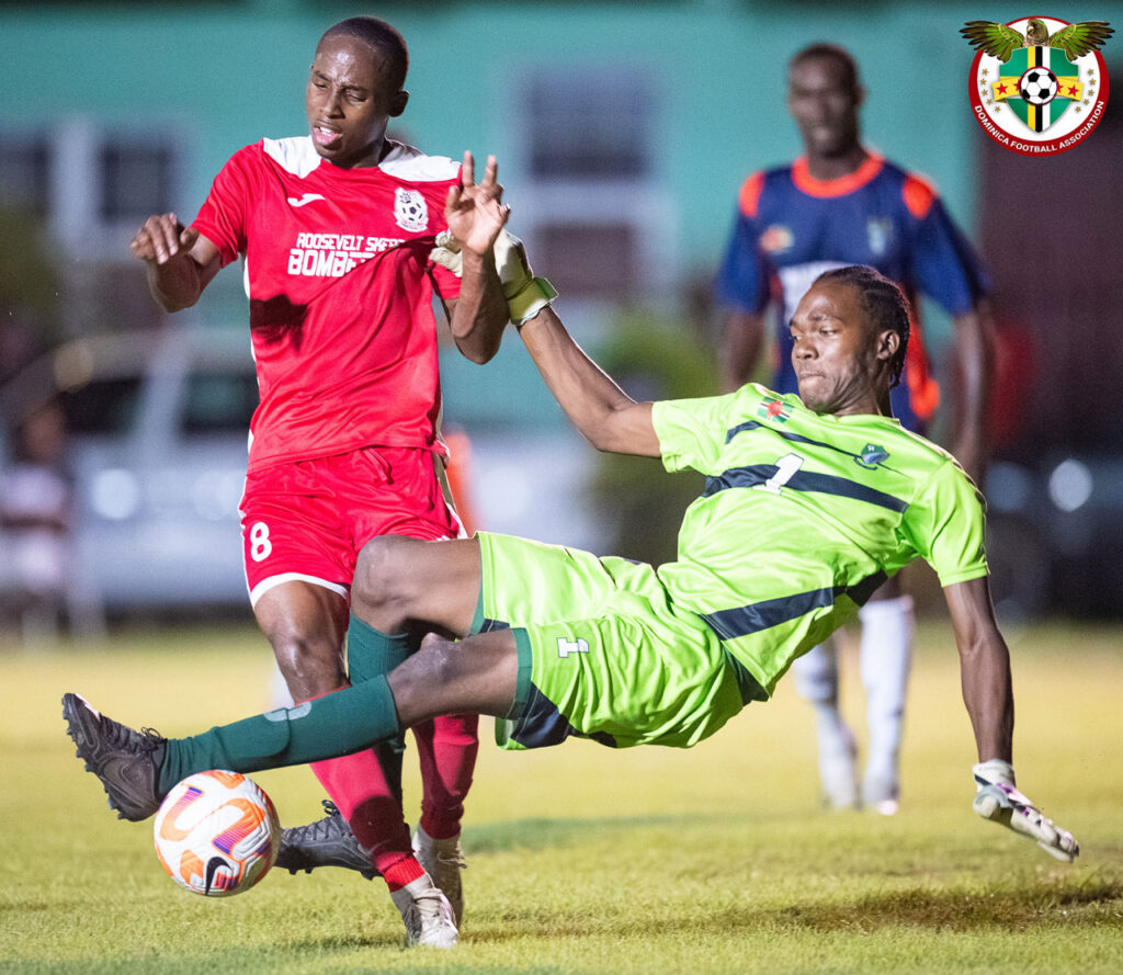 Middleham United FC goalkeeper Denzel Bedminister with a foul on a Bombers player