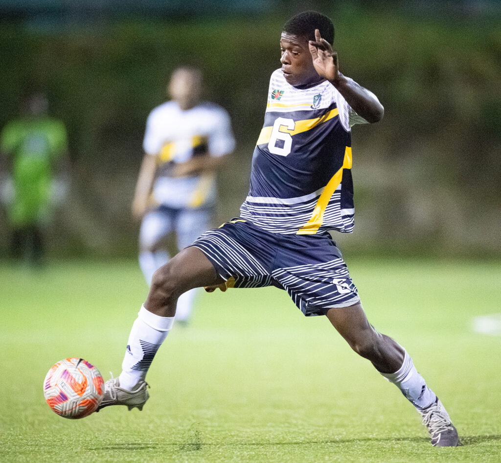 Middleham United FC player Fitzroy Benjamin controlling a ball in the midfield